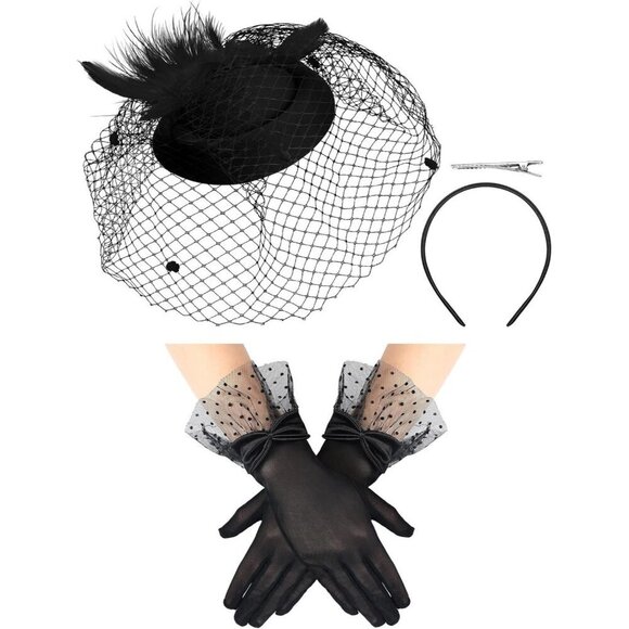 Women’s 50s Fascinators Feather Pillbox Hat Lace Gloves for Weddings Parties